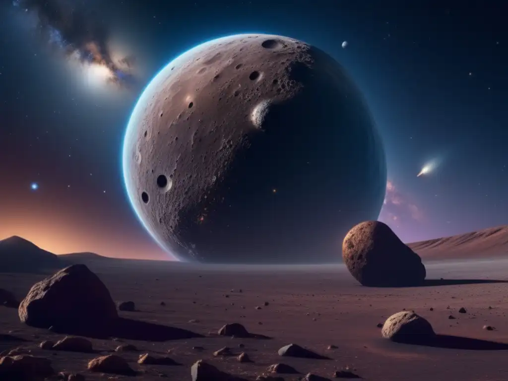 Asteroides tipo C, salvación humanidad en vasto cosmos estrellado, con nave espacial y tecnología futurista