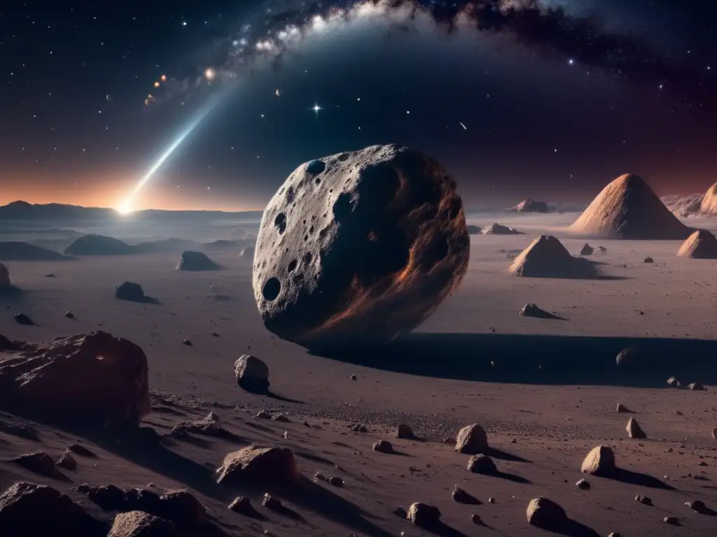 Espectacular imagen de asteroide tipo D y nave espacial Asteroides tipo D: cuerpos oscuros en el espacio -