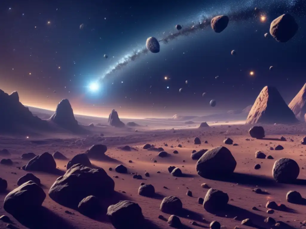 Espacio estelar con asteroides diversos Asteroides tipo D: cuerpos oscuros en el espacio