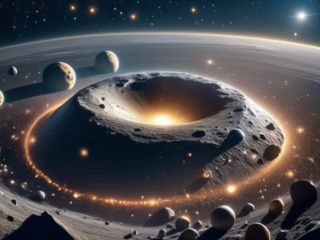 Majestuoso cinturón de asteroides en 8k Asteroides de tipo M y oro cósmico en una impresionante imagen 8K captura la belleza de un cinturón de asteroides alrededor de una estrella distante