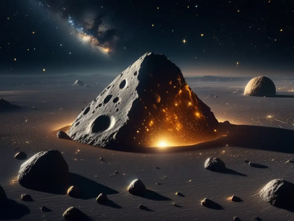 Asteroida M dorada en el espacio Asteroides de tipo M y oro cósmico, vista espectacular del espacio exterior con un asteroide dorado y cráteres, estrellas lejanas brillan
