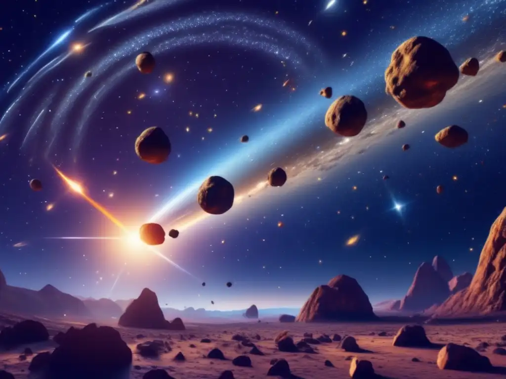 Impresionante imagen 8k de un cielo estrellado con asteroides en movimiento Categorización de asteroides por trayectoria espacial en una impresionante imagen 8k del vasto cielo estrellado, con múltiples asteroides en diferentes tamaños, formas y colores