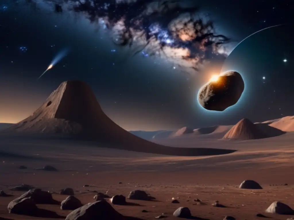 Asteroide gigante en el cosmos Asteroides troyanos, exploración cósmica: imagen 8k muestra cosmos con estrellas, asteroide masivo y su entorno