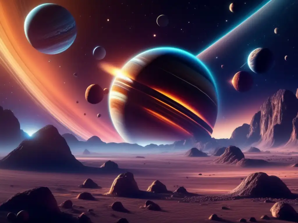Espectacular imagen de un gigante gaseoso y sus asteroides Asteroides troyanos gigantes: exploración y características en el cosmos