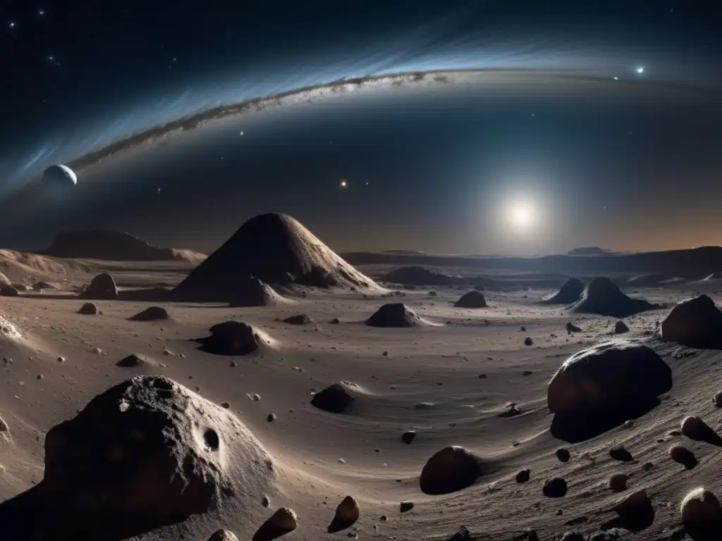 Panorama del cinturón de asteroides, destacando los asteroides Troyanos Asteroides Troyanos potencial económico en el vasto espacio, con detalle de cráteres y composición rocosa