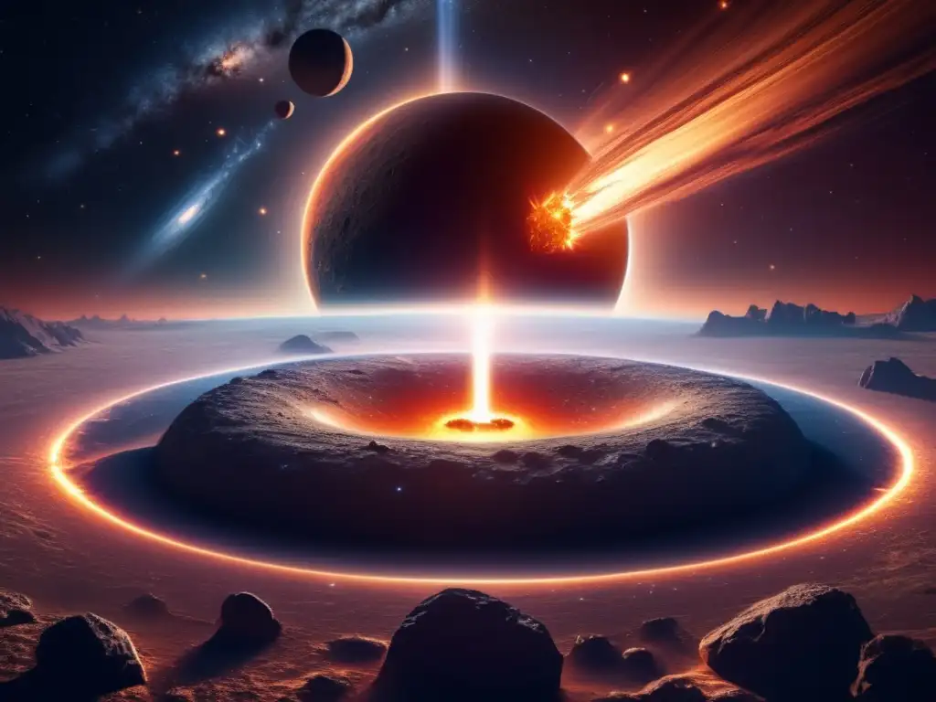 Asteroides en el universo: Imagen 8k detallada muestra asteroide masivo en trayectoria hacia la Tierra rodeado de estrellas y fuego