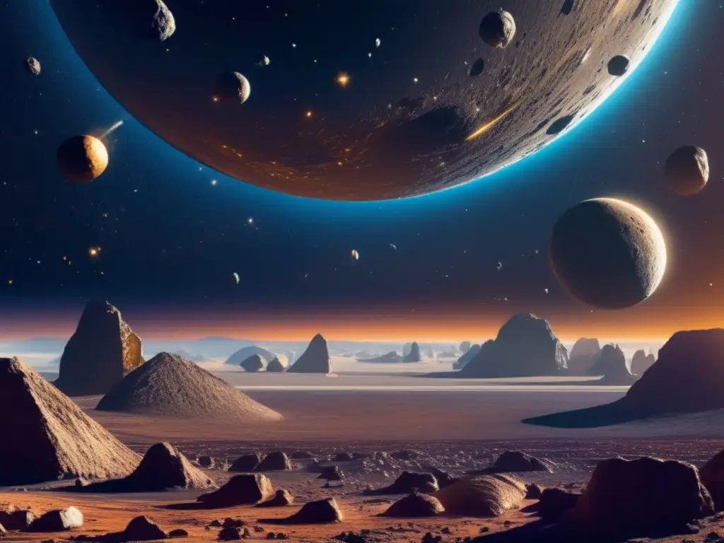 Asteroides valiosos en una escena espacial futurista con equipos mineros cerca de la Tierra