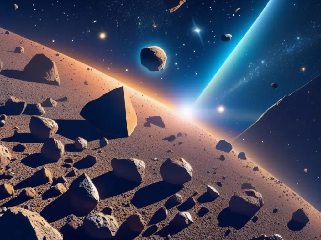 Asombroso campo de asteroides en el espacio Exploración y explotación de asteroides en un vasto campo cósmico, lleno de detalles, texturas y minerales únicos