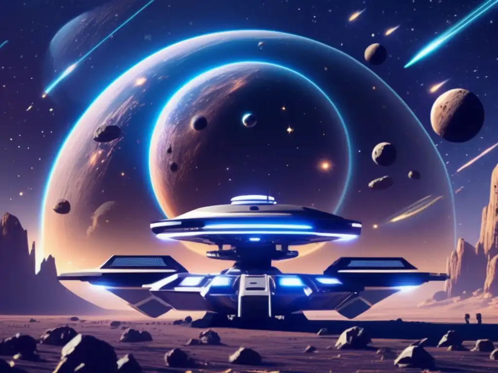 Estación espacial futurista en peligro Guía supervivencia asteroides videojuegos acción: estación espacial futurista rodeada de asteroides amenazantes