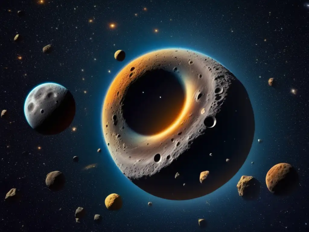 Asombrosa vista del cinturón de asteroides Exploración y explotación de asteroides: Vista fascinante del cinturón de asteroides, con colores vibrantes y nave espacial destacada