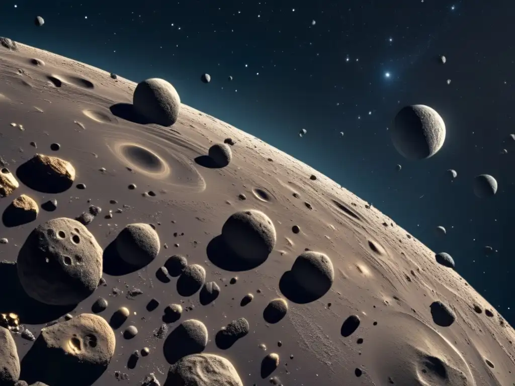 Fascinante cinturón de asteroides en el espacio Explotación de asteroides: una vista impresionante del cinturón de asteroides en el espacio exterior, con asteroides de diferentes tamaños dispersos