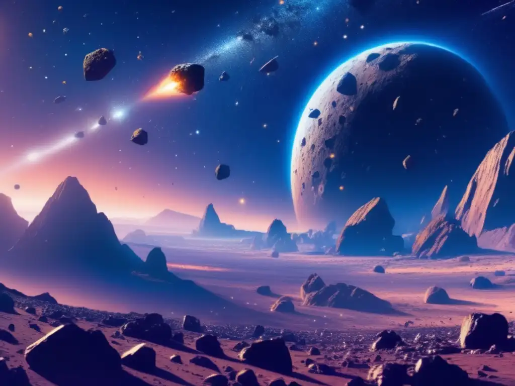Preparación psicológica minería asteroides: Vista panorámica impresionante de un campo vasto de asteroides metálicos y rocosos en el espacio profundo