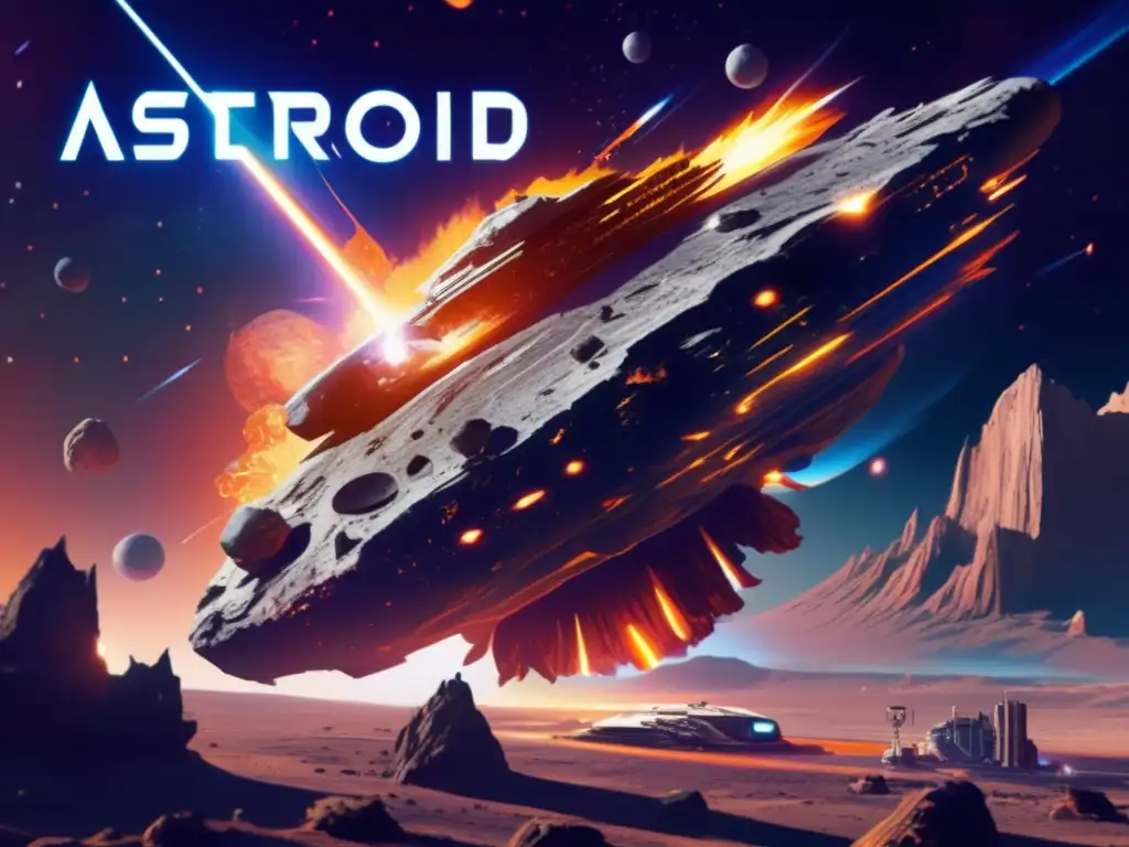 Asteroide masivo en el espacio con estación espacial militarizada Asteroido masivo con detalles de su superficie y bordes, rodeado de un brillo de fuego