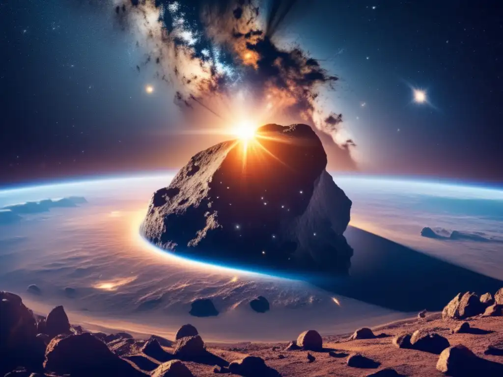 Noche estrellada con asteroide amenazante Astro vulnera la Tierra: psique colectiva