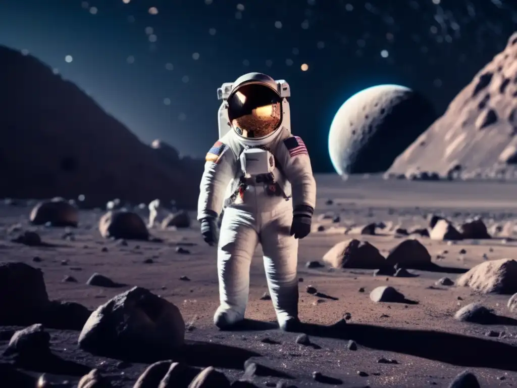 Astronauta explorando asteroide, descubrimiento asteroides terrestre