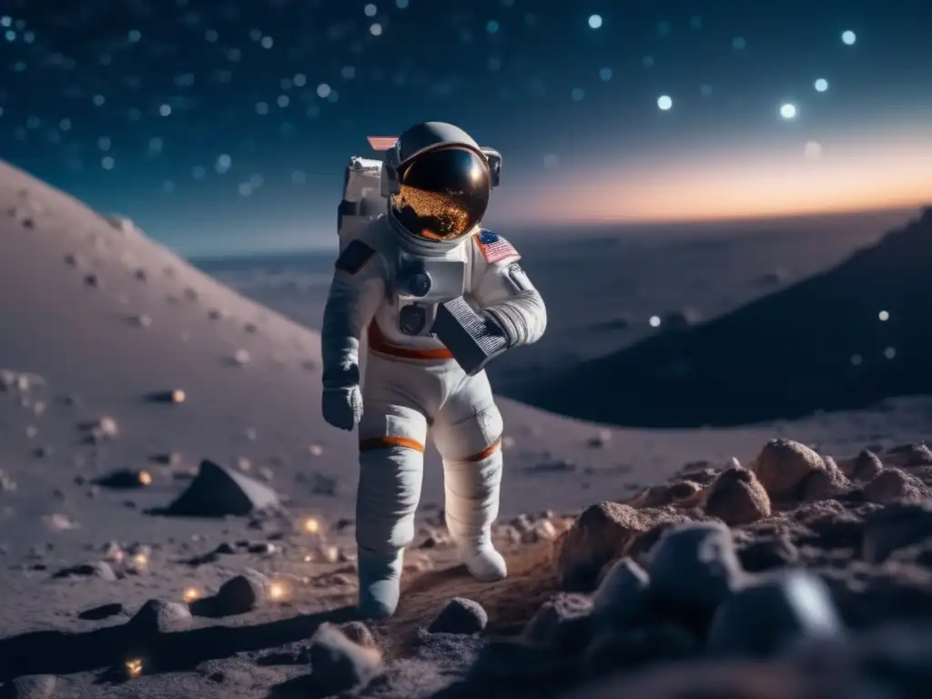 Astronauta examinando asteroide con película y lupa Astronauta en asteroide con película y análisis crítico: películas sobre asteroides y aventura espacial