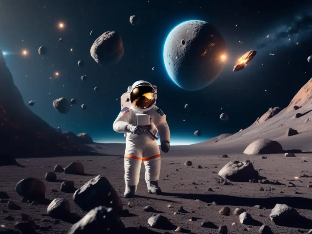 Atracción espacial: astronauta flotando en asteroide Astronauta flota en campo de asteroides, revelando potencial económico de recursos espaciales