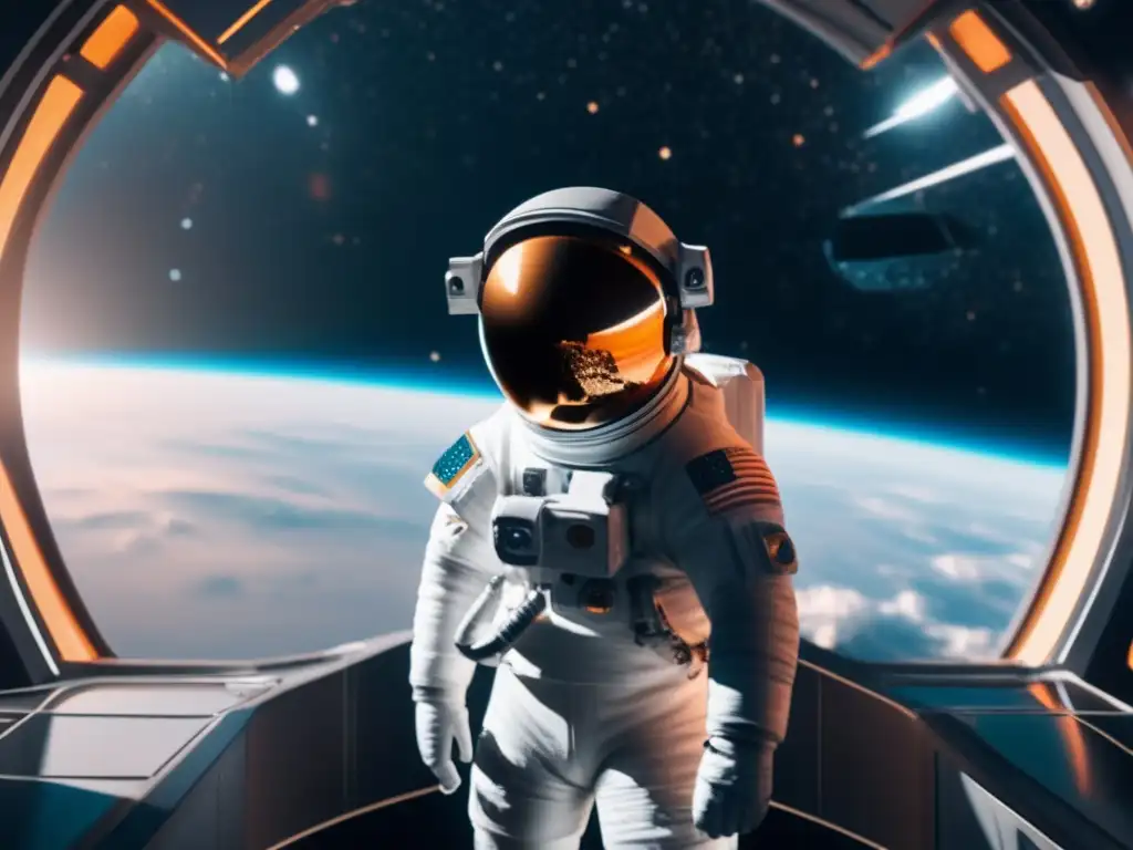 Astronauta flotando en estación espacial futurista rodeado de estrellas y galaxias Astronauta en estación espacial futurista, rodeado de estrellas y galaxias