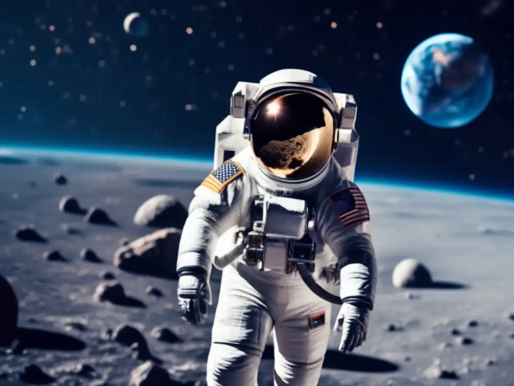 Astronauta flotando en el espacio con la Tierra y un asteroide Astronauta en el espacio con la Tierra, asteroide y tecnología avanzada para la exploración de asteroides