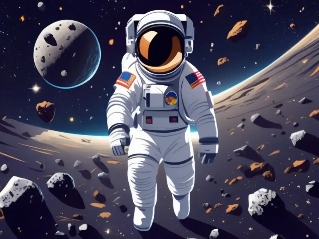 Astronauta flotando entre asteroides en el espacio Astronauta flotando rodeado de asteroides, destacando estudios de composición en misiones espaciales