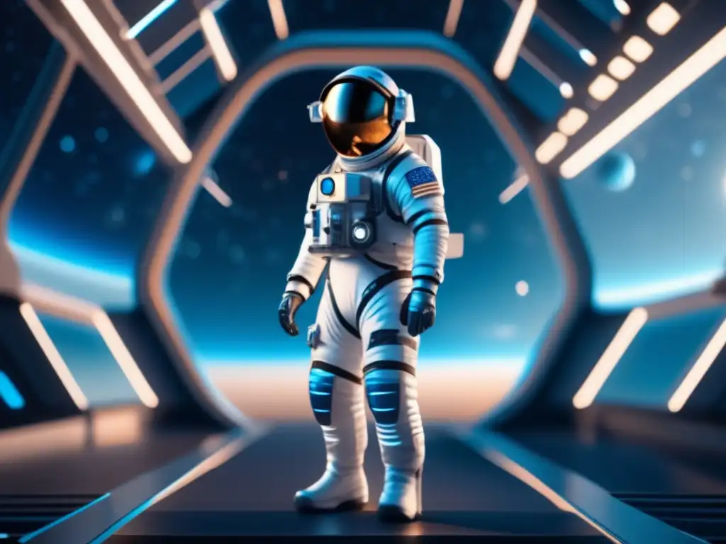 Astronauta con traje espacial de aleaciones de asteroides en estación espacial futurista
