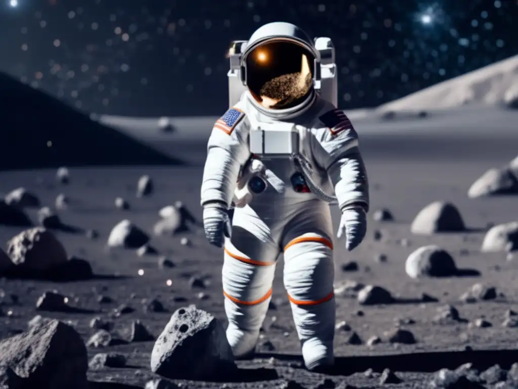 Astronauta en traje espacial en asteroide Astronauta en traje espacial futurista en un asteroide, rodeado de espacio y estrellas
