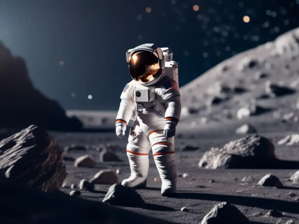 Astronauta en traje futurista en asteroide Astronauta en traje espacial futurista en asteroide, rodeado de espacio y usando AR para explorar