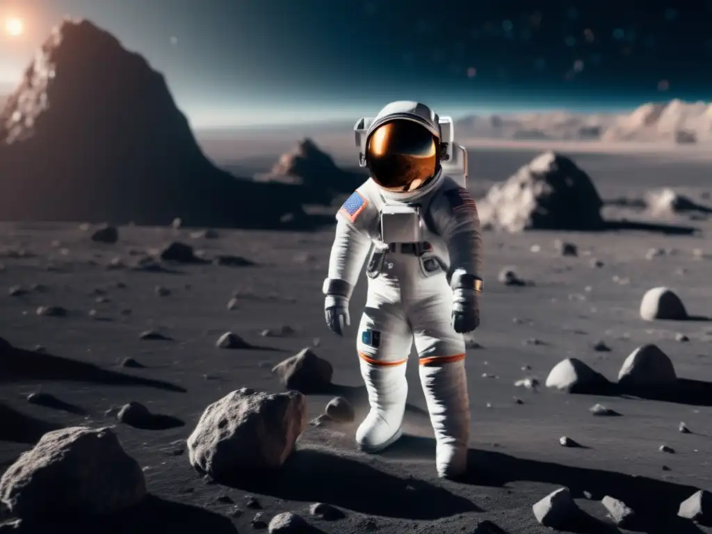 Astronauta futurista en asteroide con AR Astronauta en traje futurista en asteroide con realidad aumentada