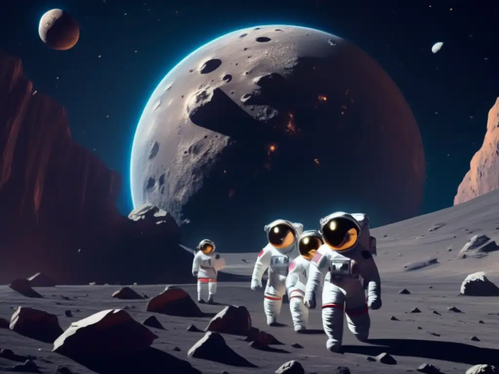Astronautas en el espacio junto a asteroide gigante Astronautas flotan cerca de asteroide gigante en el espacio
