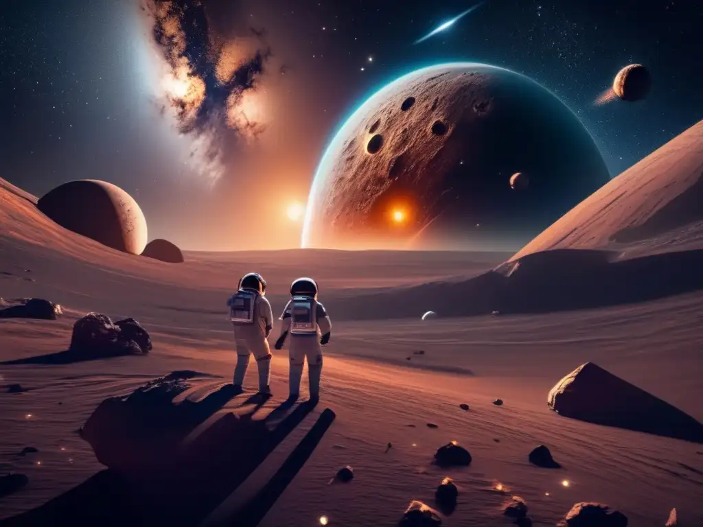 Exploradores en asteroide: avance científico y recursos minerales Astronautas explorando asteroide: Impacto de asteroides en creencias espirituales
