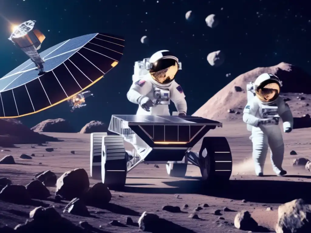 Estación espacial y astronautas en asteroide Astronautas en estación espacial minera en asteroide, con avanzada tecnología y exploración de asteroides como recurso