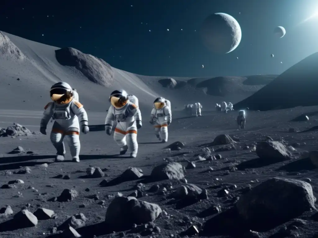 Mineros espaciales extrayendo recursos en asteroide Astronautas extraen metales y minerales en una operación minera futurista en un asteroide - Exploración de asteroides como recursos