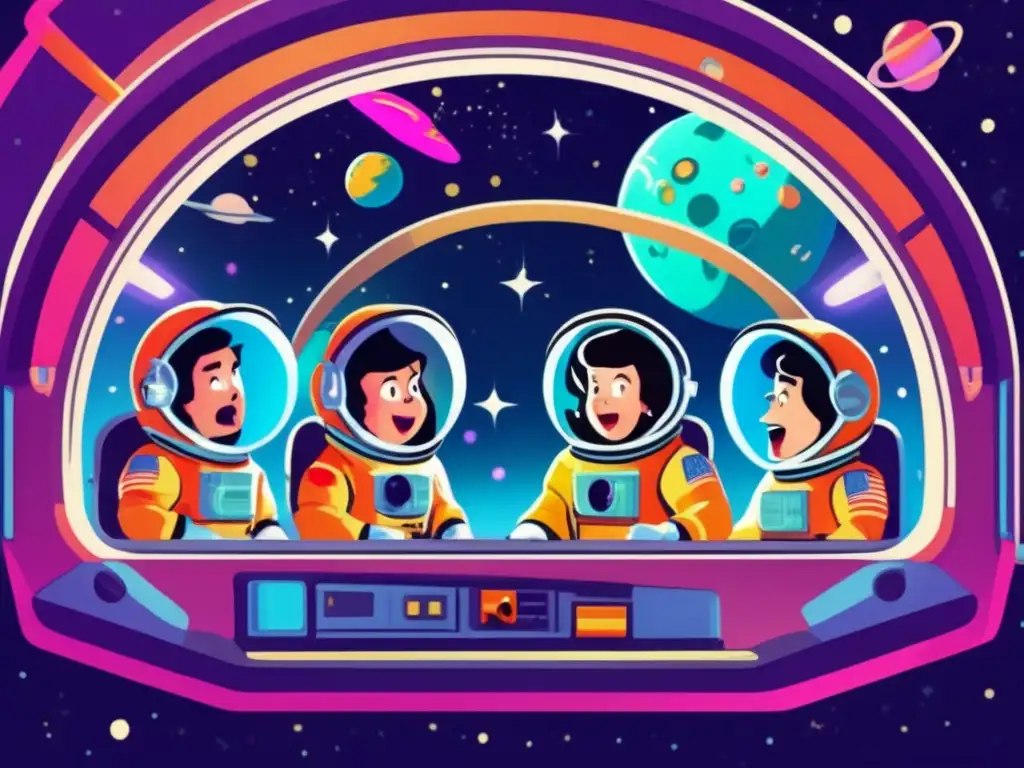 Astronautas cómicos en el espacio Astronautas en nave espacial con asteroides: Comedia cósmica