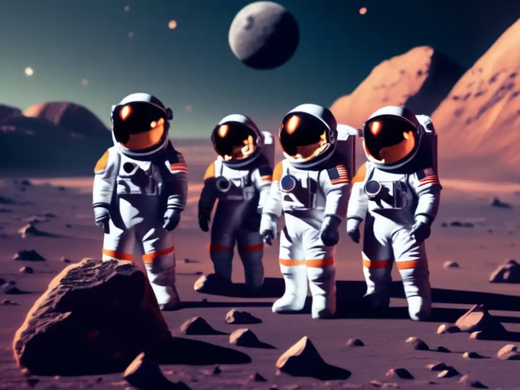 Astronautas explorando asteroide espacial Astronautas en traje espacial explorando asteroide: Preparación psicológica minería asteroides