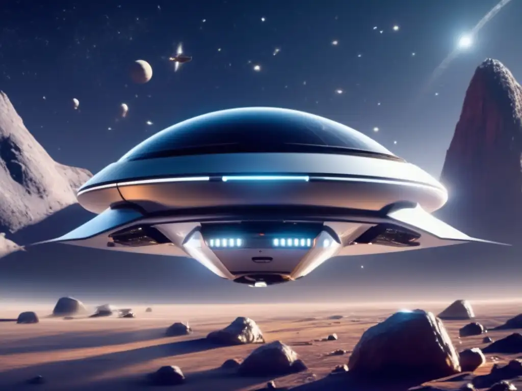 Nave espacial futurista en el espacio Astronave futurista en el espacio rodeada de estrellas, equipada con tecnología avanzada para extracción de recursos