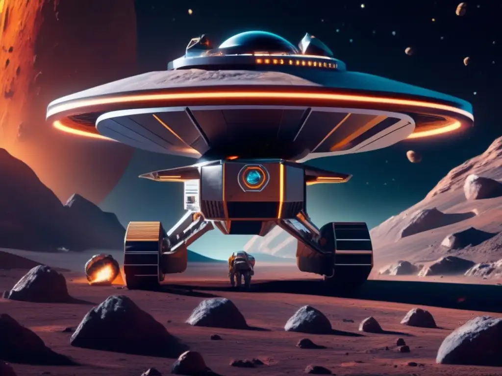 Futurista nave minera en asteroide Astronave futurista extrae recursos de asteroide: Exploración de asteroides como recursos