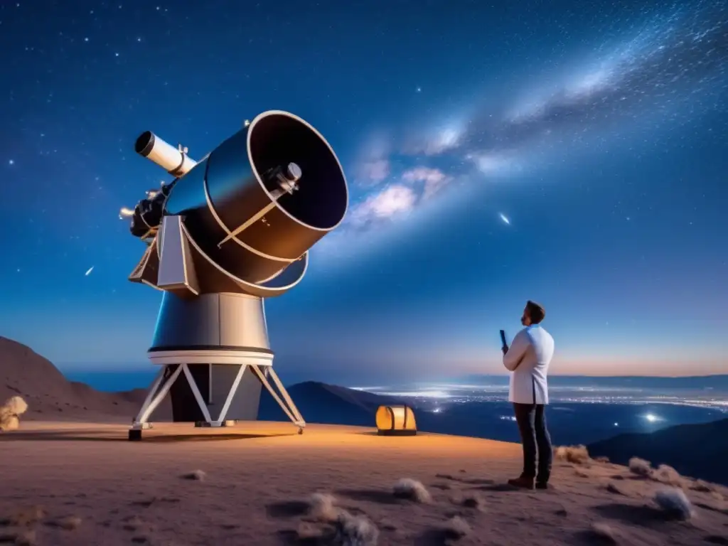 Astrónomo observando el cielo estrellado Un astrónomo junto a un telescopio moderno, mirando al cielo estrellado, refleja avances científicos ocultaciones asteroides