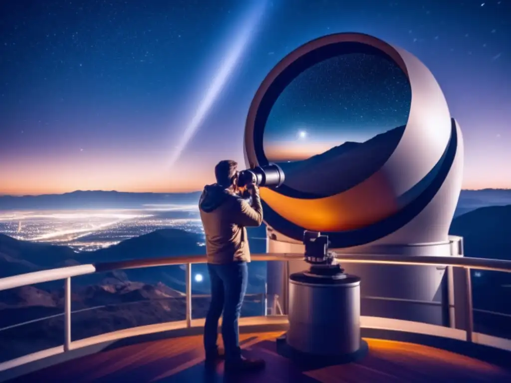 Astrónomo observando telescopio Astrónomo en observatorio vigila asteroides peligrosos