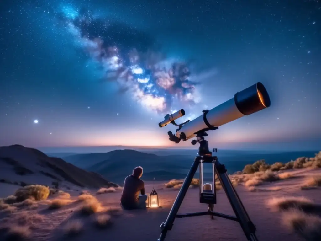 Noche estrellada con telescopio Un astrónomo profesional con telescopio de alta tecnología, observando el impresionante cielo nocturno repleto de estrellas y la Vía Láctea