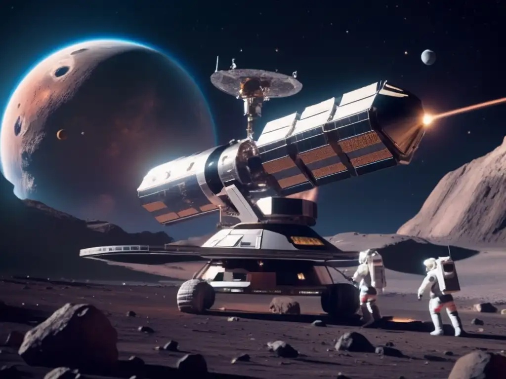 Estación espacial futurista y astronautas exploran asteroide Astrónomos vigilan asteroides peligrosos en estación espacial futurista junto a equipo de astronautas en misión científica