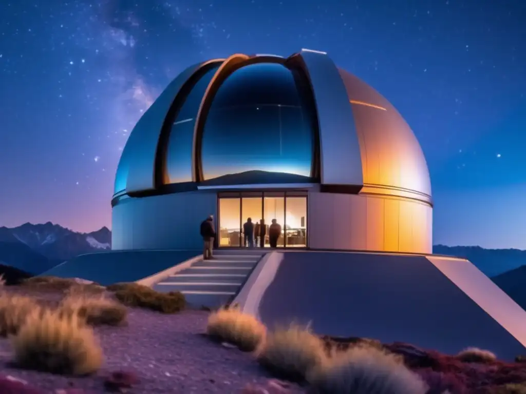Observatorio moderno en montaña, astrónomos monitorean asteroides Astrónomos vigilan asteroides peligrosos desde moderno observatorio en montaña con cielo estrellado y telescopio de alta tecnología