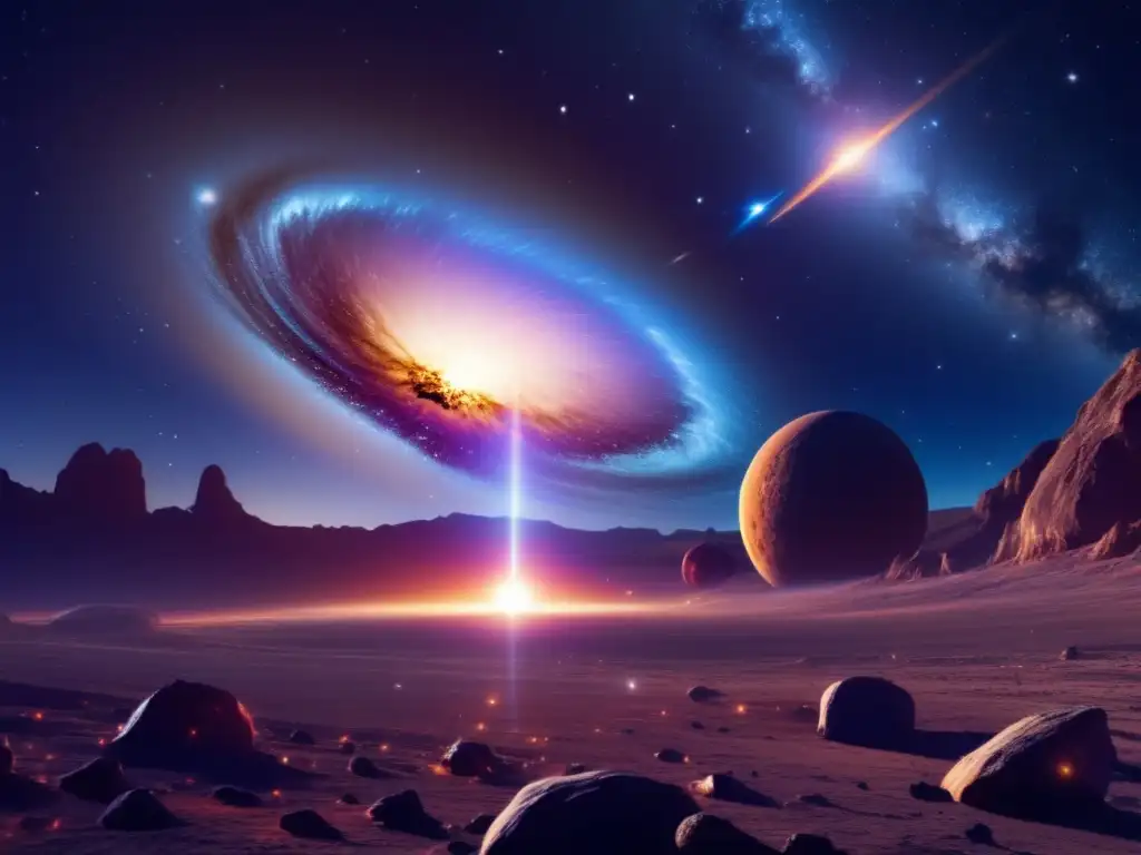 Astrónomos vigilando asteroide en el cosmos Astrónomos vigilan asteroides peligrosos en el vasto cosmos estrellado, mientras una supernova brillante ilumina la escena
