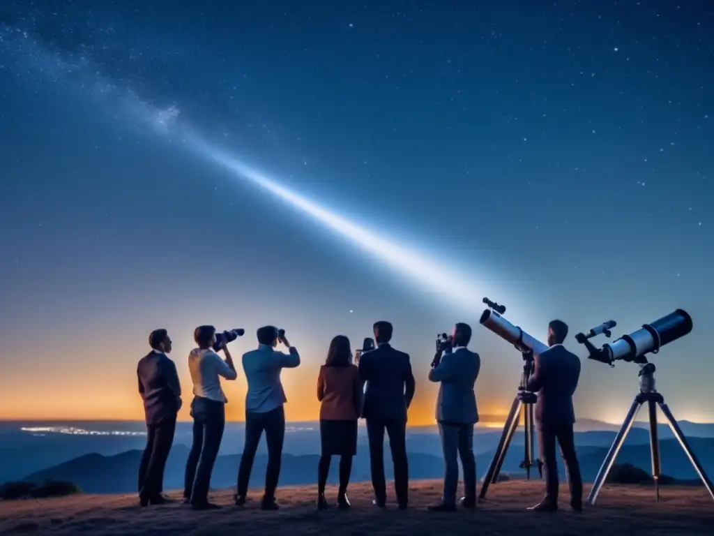 Astrónomos observando y ajustando telescopio Astrónomos observando el cielo nocturno y la desviación de asteroides por gravedad y radiación solar