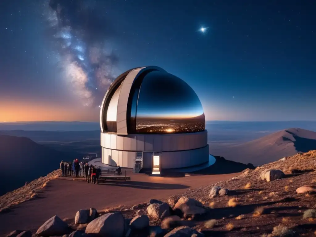 Astrónomos investigando asteroide Astrónomos y científicos observando un telescopio en una montaña, impacto asteroide tierra exploración