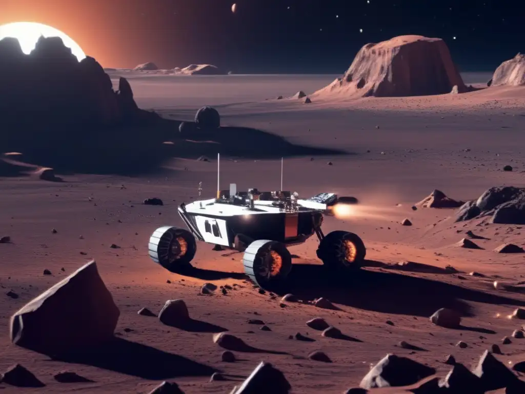 Superficie rocosa de asteroide binario con aterrizador Aterrizaje en asteroide binario: desafío y peligros, detalle impresionante de la superficie y el robot de exploración