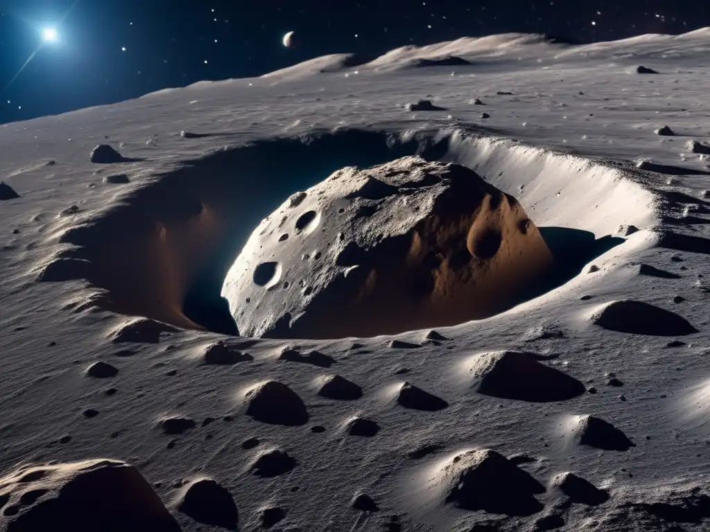 Superficie irregular de asteroide desde una nave espacial Aterrizaje en asteroide binario: desafío y peligros, vista impresionante de su superficie y cráteres, sin atmósfera, estrellas brillantes de fondo