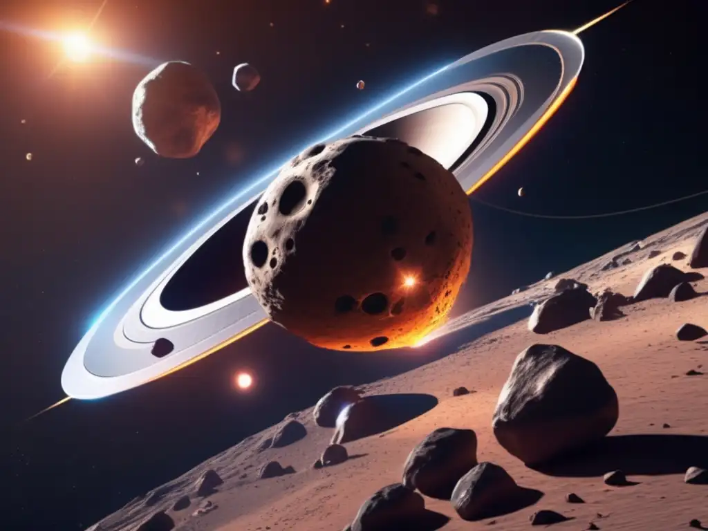Asteroide binario: nave espacial y sistema rocoso Aterrizaje en asteroide binario: desafío y peligros, nave espacial futurista, asteroides rocosos, texturas distintas, sombras y estrellas
