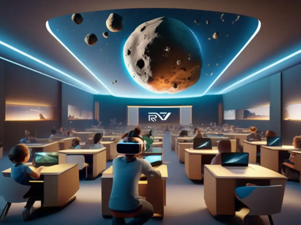 Estudiantes experimentando realidad virtual en el aula Aula moderna con realidad virtual: impacto asteroides en la historia