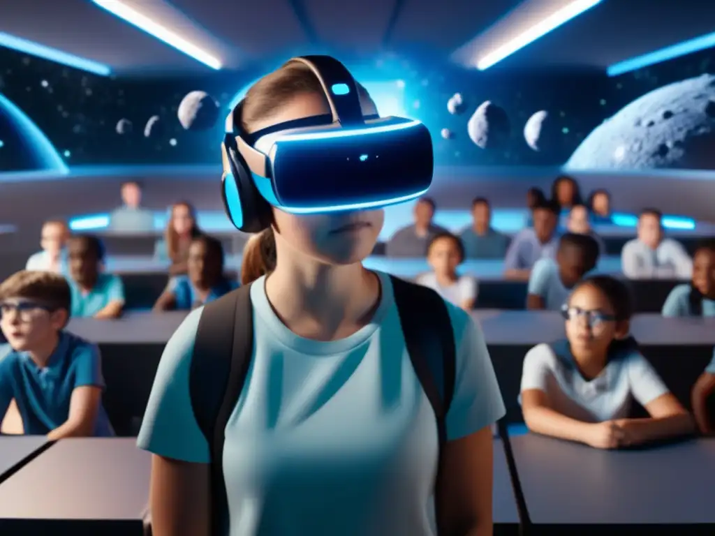 Aula de realidad virtual con estudiantes explorando asteroides - Guías didácticas sobre asteroides