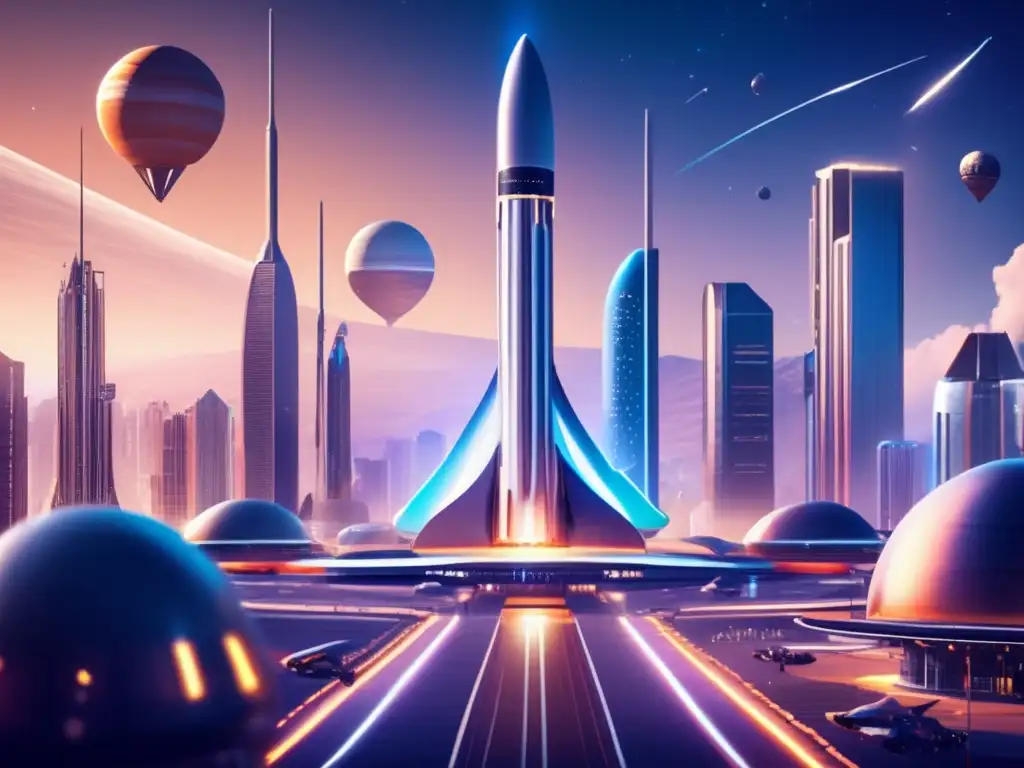 Aeropuerto espacial futurista con naves despegando y aterrizando Avance tecnológico en la odisea espacial: Principales inversores financian minería de asteroides